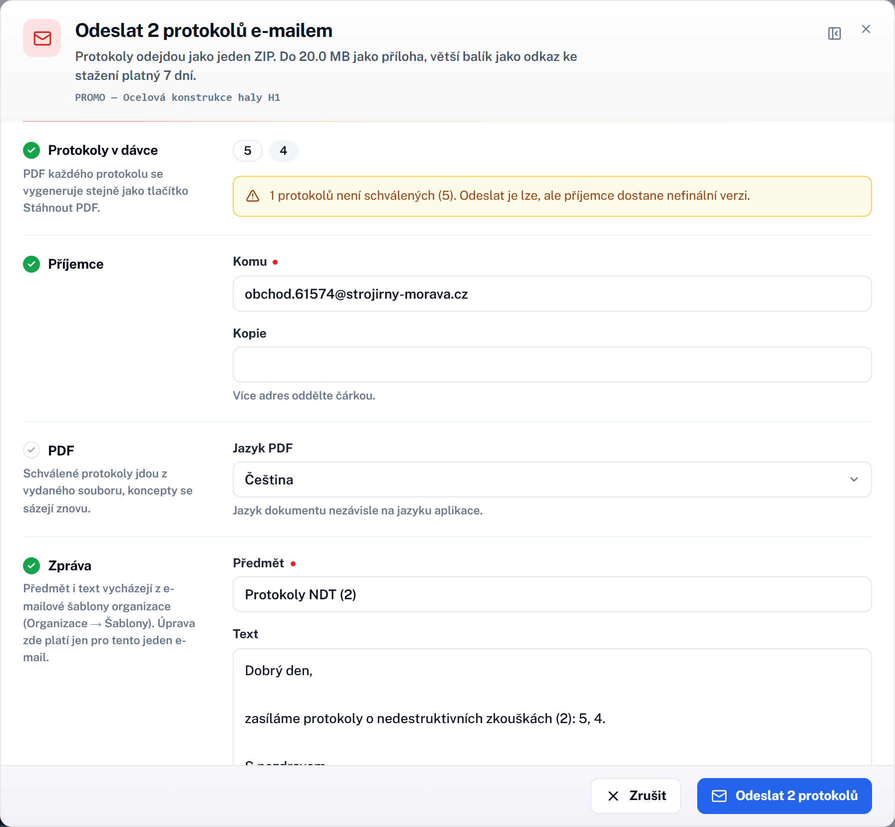Dialog Odeslat protokoly e-mailem