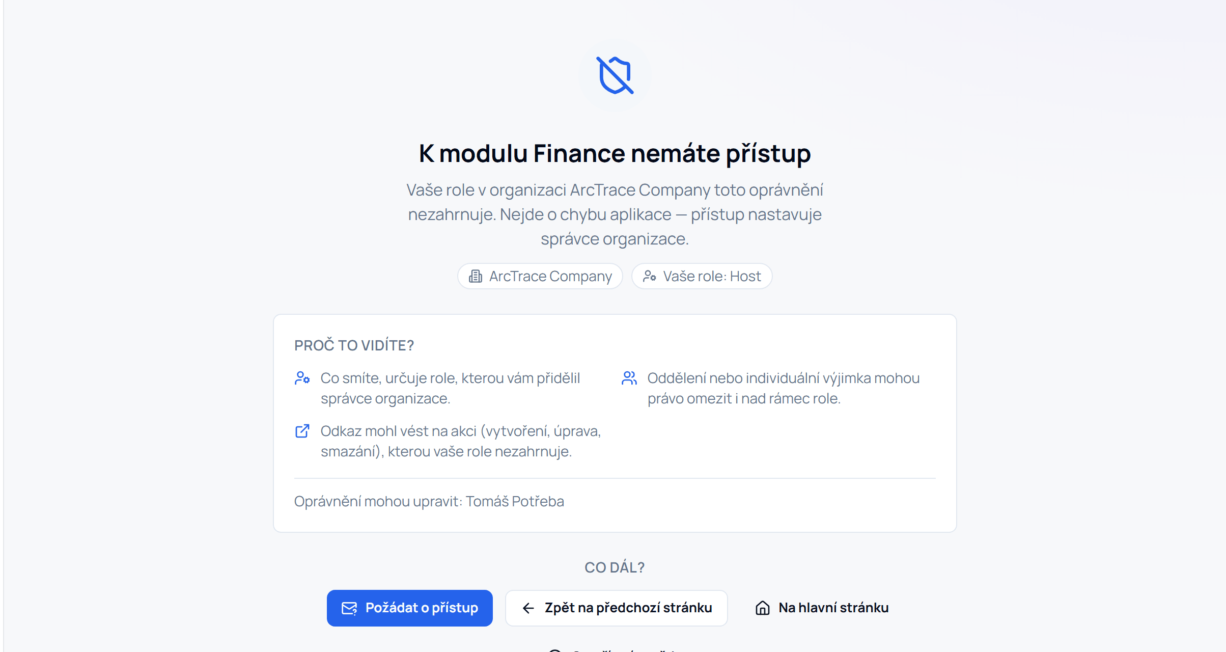 Stránka Nemáte přístup s tlačítkem Požádat o přístup