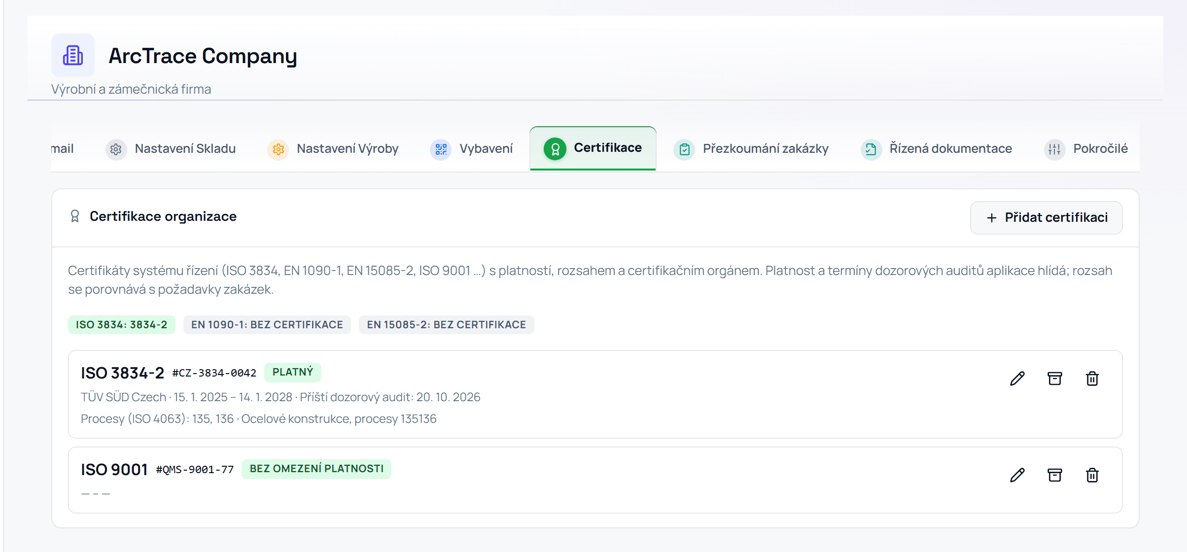 Registr certifikátů organizace