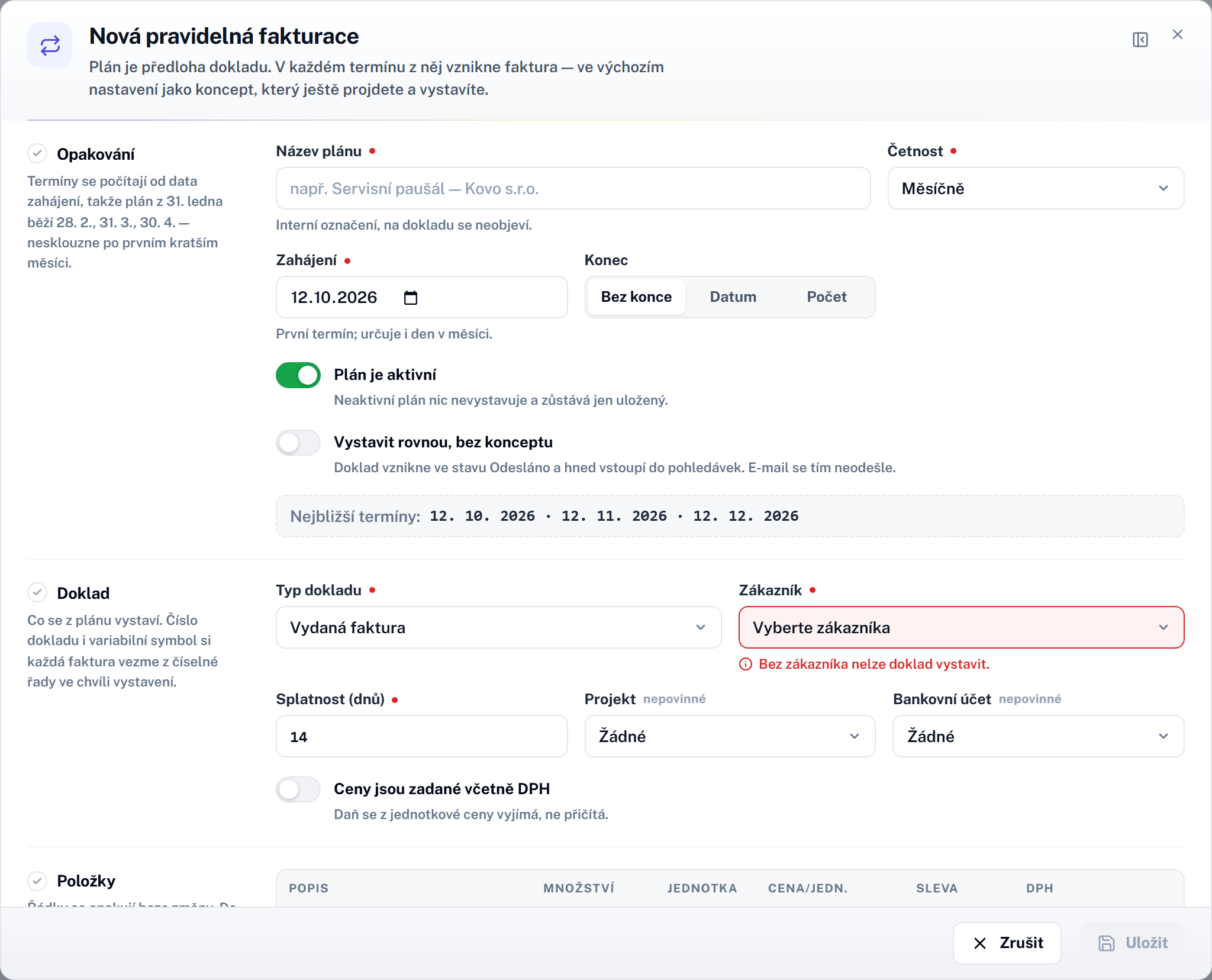 Nová pravidelná fakturace s náhledem nejbližších termínů