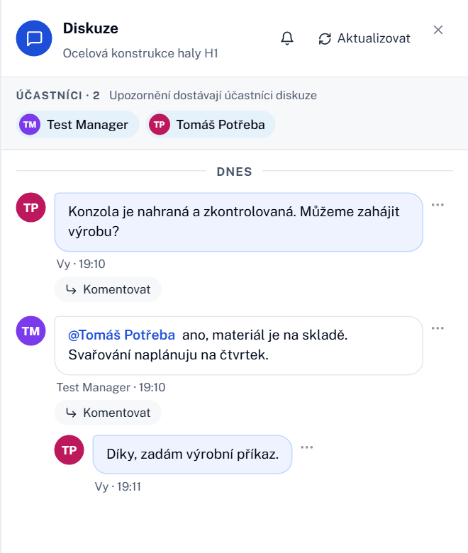 Diskuze projektu se zmínkou kolegy a odpovědí ve vlákně
