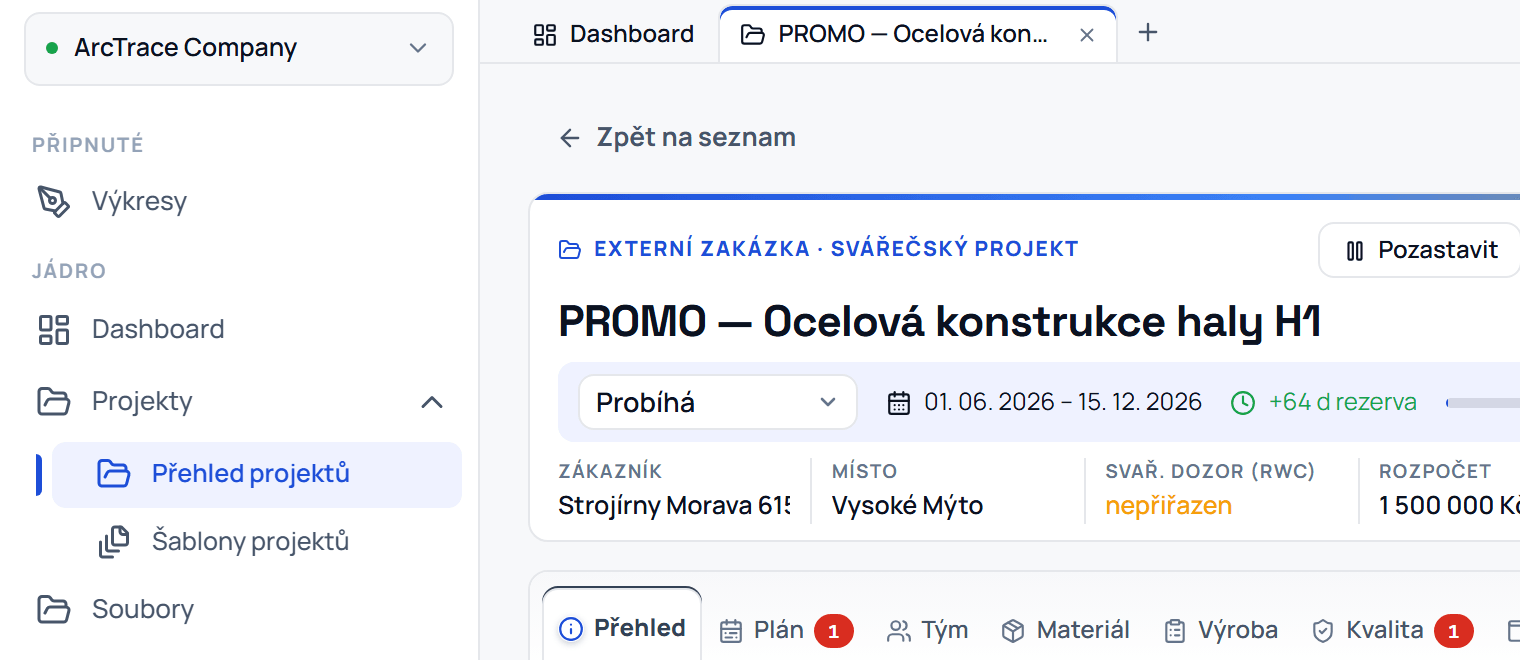 Připnuté položky v menu a záložky otevřených záznamů