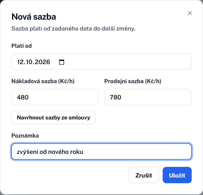 Dialog nové sazby práce